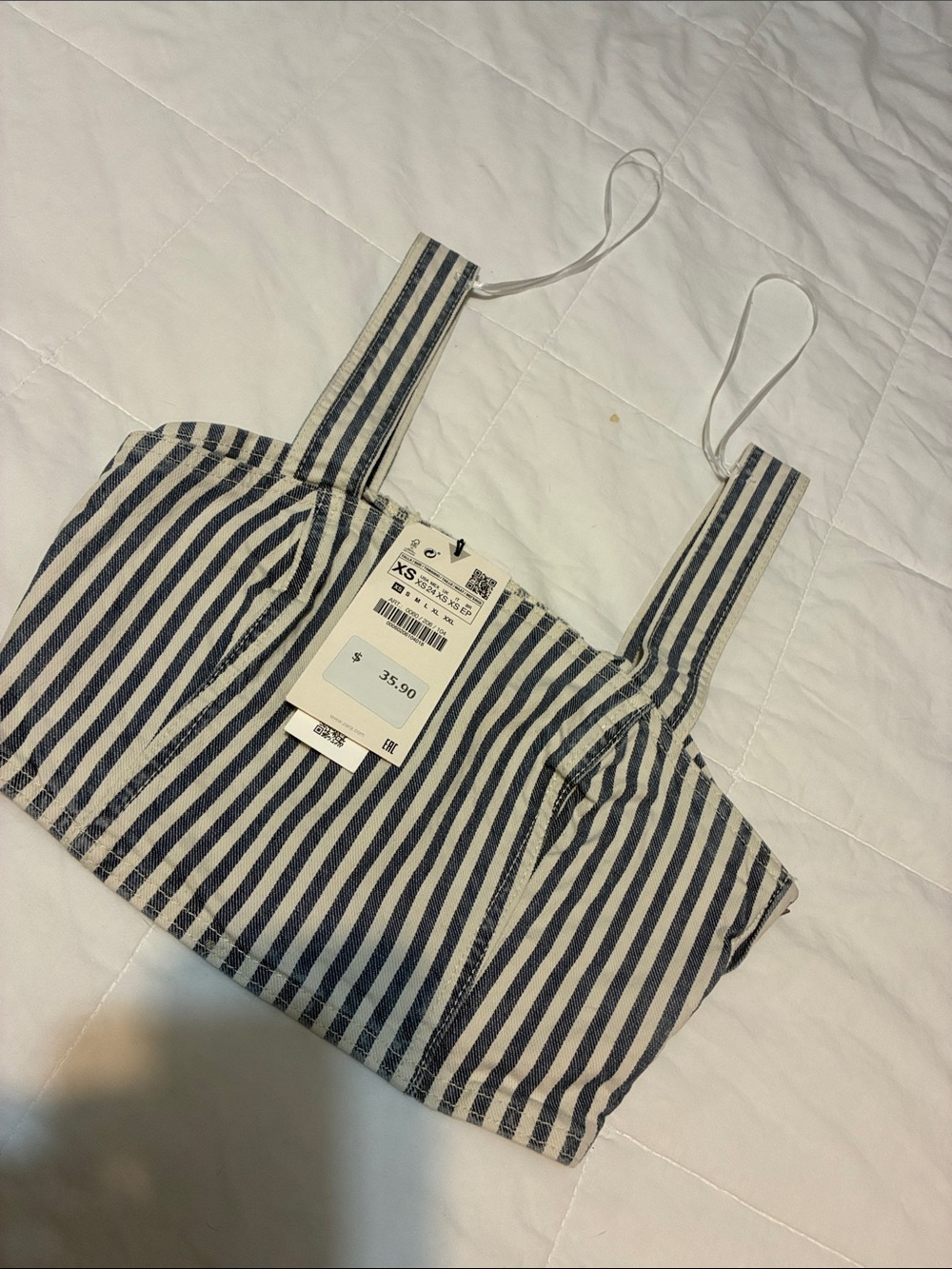 Zara Striped Navy and White Crop Tank Top Denim